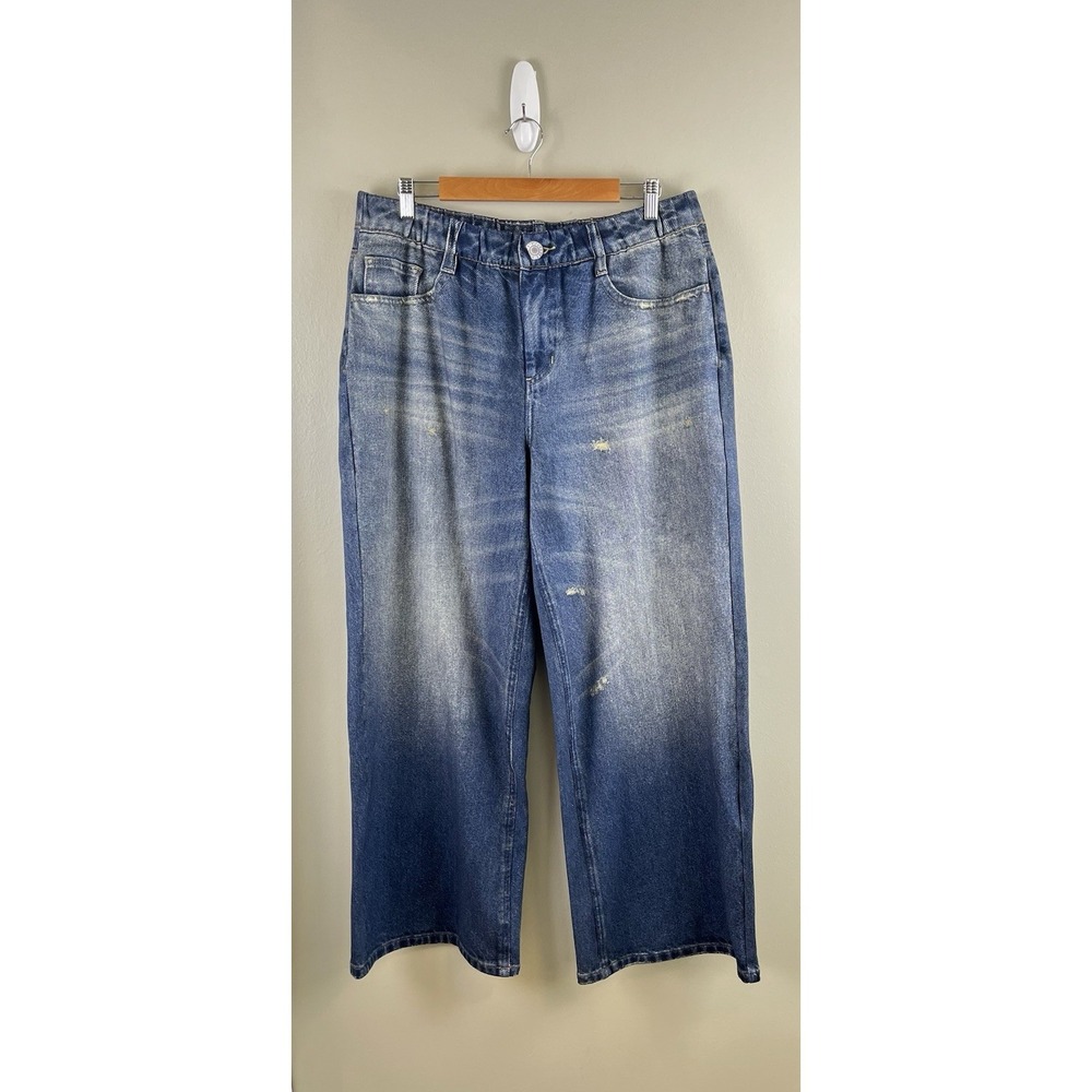 Halara Denim Print Sweatpants Dutch Denim Blue Wide Leg French Terry Comfort XL - Picture 2 of 6
